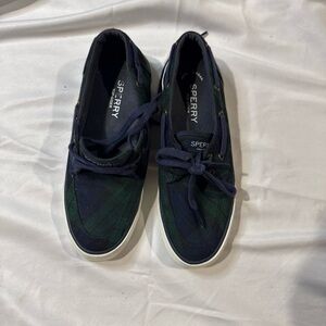 Sperry Navy and Green Plaid Shoes